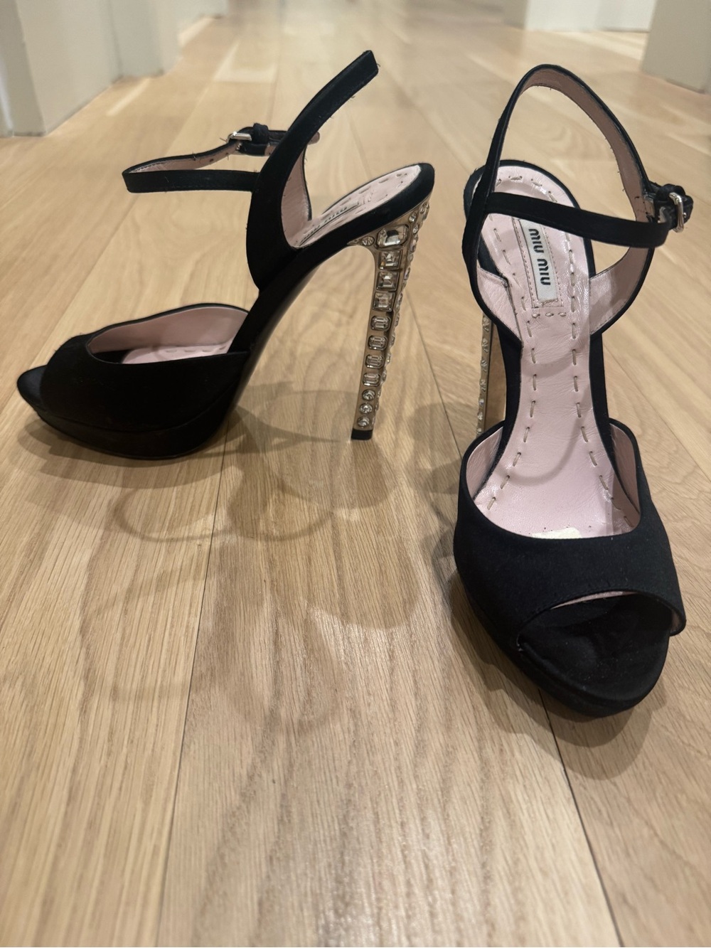 Miu Miu Black Crystal-Studded Stiletto Slingback Sandals
